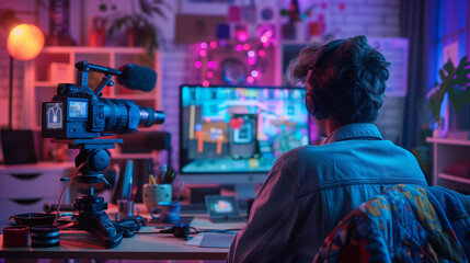 Obraz premium A young in a vibrant studio setting up camera for a video blog session, surrounded by colorful lights..