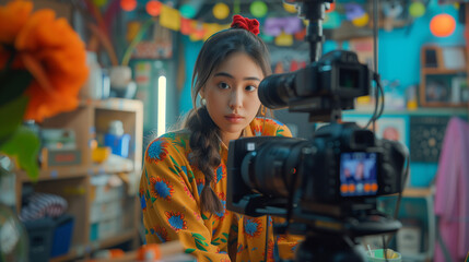 A young in a vibrant studio setting up camera for a video blog session, surrounded by colorful lights..