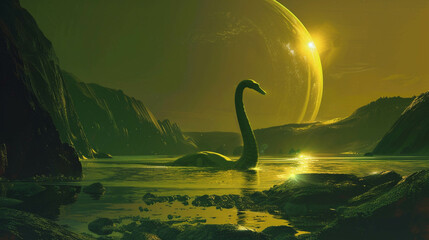 Nessie emerging from the methane lakes of Titan the moons of Saturn casting eerie glows on her ancient form A legend transcends worlds
