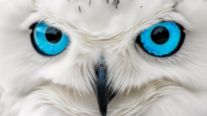 Closeup round blue eyes of a white owl wildlife.