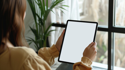 Naklejka premium Mockup image of a woman holding digital tablet with blank white desktop screen