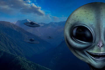 Alien and flying saucers in mountains. UFO, extraterrestrial visitors