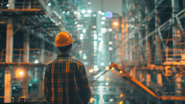 rear view of professional engineer manager standing concentrate focus multi exposure with building construction industry background construstion engineer concept