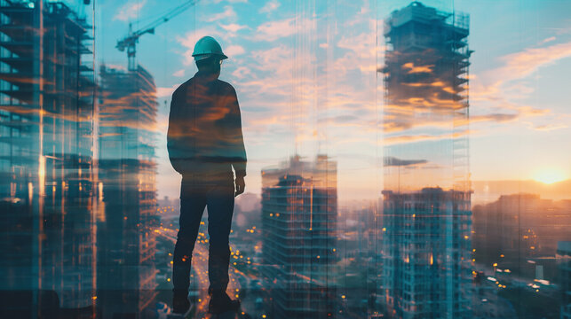 rear view of professional engineer manager standing concentrate focus multi exposure with building construction industry background construstion engineer concept