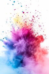 Colorful powder explosion on white background. Abstract pastel color dust particles splash.