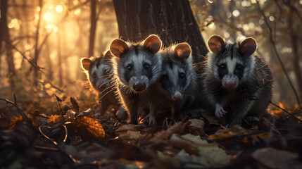Opossum family in the forest with setting sun shining. Group of wild animals in nature.