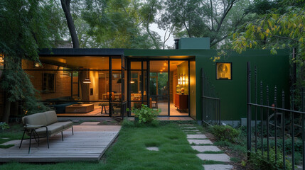 A groundbreaking abode with a deep forest green exterior, showcasing a sparse backyard and a fashionable wrought iron gate, under the calming effect of early evening's light