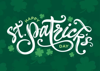 Foto op Canvas Saint Patrick's day card, flyer, poster, banner,  with Happy St. Patrick's day hand drawn lettering logo, text on green lucky clover, pattern,  shamrock background template vector printable © Rajan
