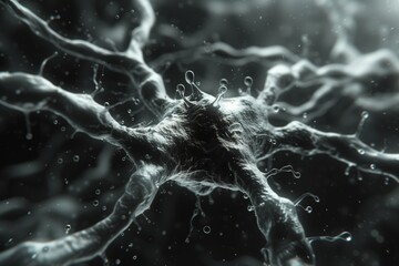 White and black, monochrome. Brain and Mind. Artificial intelligence framework developed by a neural network. 3D illustration of nerve tissue and connections between neurons - obrazy, fototapety, plakaty