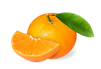 Fresh ripe tangerines and green leaf isolated on white. Citrus fruit