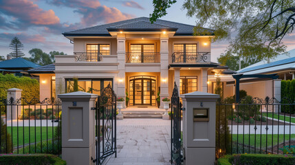 An ultramodern abode with a rich cream facade, paired with a basic backyard and an ornate wrought iron gate, all under the calm of dusk lighting - obrazy, fototapety, plakaty