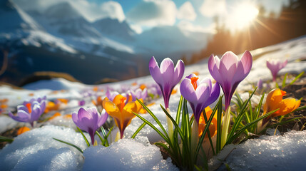 Colorful crocus flowers and grass growing from the melting snow and sunshine in the background....