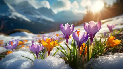 Zelfklevend Fotobehang Colorful crocus flowers and grass growing from the melting snow and sunshine in the background. Concept of spring coming and winter leaving. © linda_vostrovska