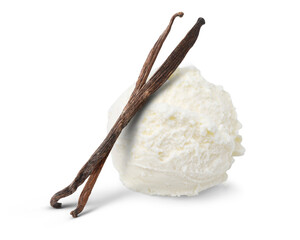 Scoop of delicious vanilla ice cream and vanilla pods isolated on white