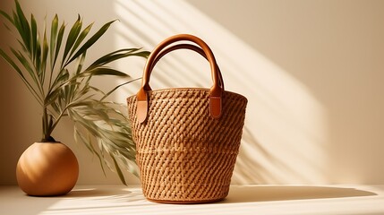 A chic rattan bucket bag for women, artisanal craftsmanship, and a woven handle, mockup, placed on a matte clay background