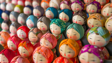 Japanese Kokeshi dolls illuminated by warm lantern light in a traditional setting. Celebrating Japanese heritage.