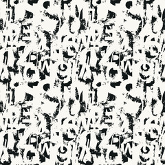 Seamless pattern with alphabet letters in form of black and white paint splashes and blots. Abstract vector background with latin letters. Suitable for wallpaper, wrapping paper or fabric