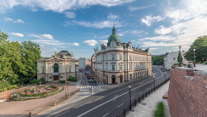 Panorama showing Theater Square with Main Post Office building aerial timelapse and Polish Theater