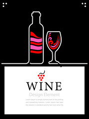 Poster or web Banner for Restaurant, bar alcoholic store. Full Bottle wine. Red Wine bottle and glass. Vector illustration banner on white and black background.