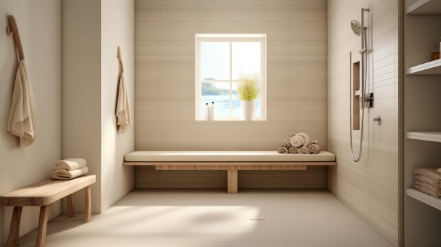 Light-toned shower bench or seating area for added AI generated illustration