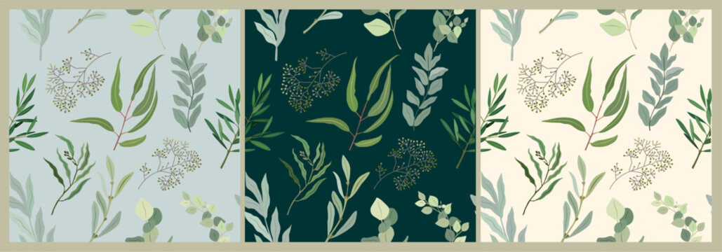 Eucalyptus leaves colorful seamless pattern on beige, black and blue background. Hand drawn plant branches, twigs. Botanical wallpaper, fabric, textile, wrapping paper vector botanical illustration.