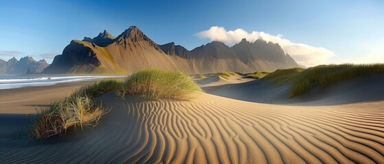 Sand dunes on the Stokksnes on southeastern Icelandic coast with Vestrahorn (Batman Mountain). Iceland, Europe - obrazy, fototapety, plakaty