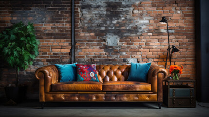 Rustic room interior with a colorful leather sofa.