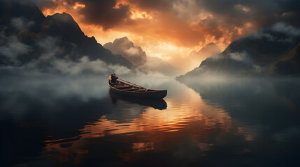 A man stands in a boat on a lake with mountains in the background,,
Boat Over the Ocean and Moon Behind The Cloud

