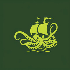 A logo illustration of an octopus and a ship on a green background. Created with generative AI.