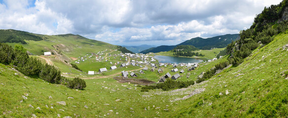 Fototapeta na wymiar View of Prokosko lake in Bosnia and Herzegovina. Rural life and traditional life. Glacial lake.