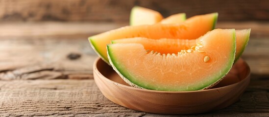 Rustic wooden bowl overflowing with fresh sliced melon fruit