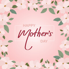 Obraz premium Mothers day banner with cherry blossom flowers, greeting card template, illustration with hand drawn lettering. Vector