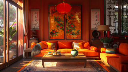 Fototapeta na wymiar modern cozy Chinese living room interior - AI Generated