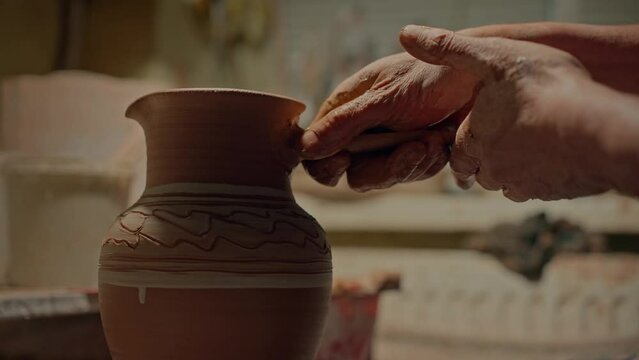 Close up potter's hands attaches hadle to clay jug and strengthens its form. Male professional potter working with extra details his handmade crockery. Old craftsman making ceramic pot in workshop