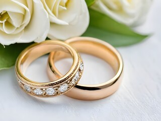 Wedding rings on a background of a bouquet of flowers