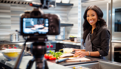 Beautiful young African-American woman blogger filming blog video about fresh vegetables salad recipe using modern camera on tripod. She kindly smiling at camera with bright smile.Streaming technology