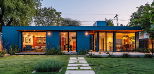 A revolutionary abode with a vibrant electric blue exterior, complemented by a simple backyard and...