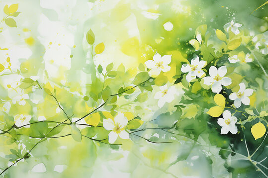 White flower in spring. Watercolor painting in green and white tones. Generative AI.