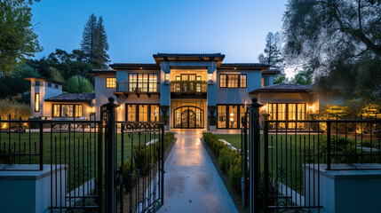 A state-of-the-art abode with a deep midnight blue exterior, paired with a sparse backyard and a chic wrought iron gate, under the calming hues of early evening