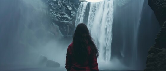 Woman overlooking waterfall at skogafoss, Iceland. Skógafoss, Ísland - obrazy, fototapety, plakaty