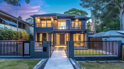 A state-of-the-art house with a deep ocean blue facade, complemented by a minimalist backyard and a refined wrought iron gate, under the tranquility of early evening's light - obrazy, fototapety, plakaty