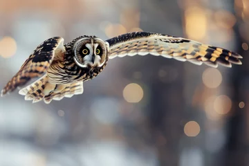 Tuinposter Close-up of a short-eared owl flying in jungle © Wei Ze