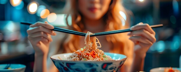 A girl demonstrates proper chopstick use emphasizing etiquette in Asian cuisine. Concept Chopstick Etiquette, Asian Cuisine Etiquette, Proper Use of Chopsticks, Girl Demonstrates Chopstick Skills - obrazy, fototapety, plakaty