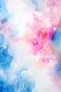 Spring abstract background watercolor painting, pink blue and white tones. Generative AI.