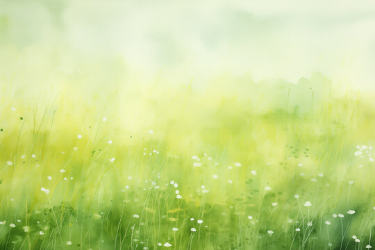 Spring abstract background watercolor painting, grass field with white flowers, green yellow and white tones. Generative AI.