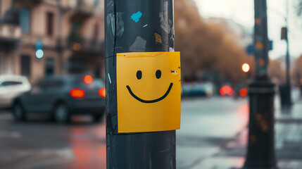 Yellow paper smiley emoticon glued to a pole in the middle of a daytime city street