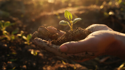Hand holds earth-soil with sprout in hand against nature background
