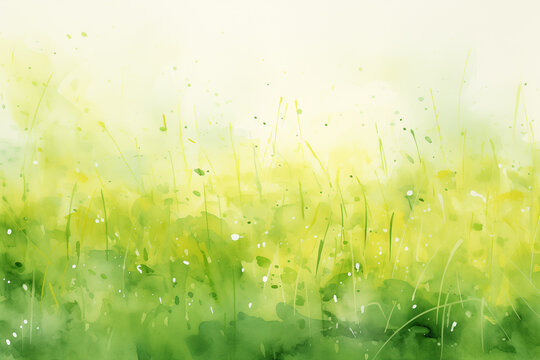 Spring abstract background watercolor painting, grass field with white flowers, green yellow and white tones. Generative AI.