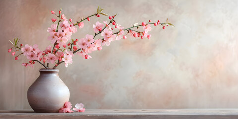 Sakura cherry blossom branch in ceramic vase on table with beige wall background - a serene and elegant decoration for home interior design.