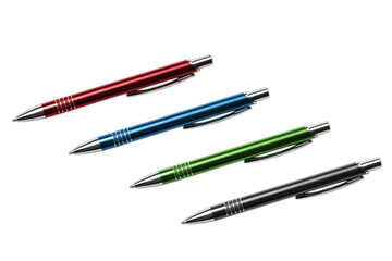 Metal pen isolated on white. Single objects cutout. Office utilities background.	Set collection of...